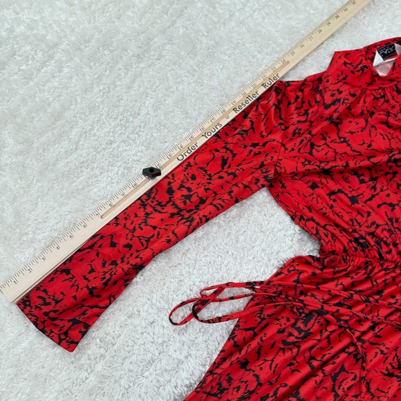 Blair Red Midi Dress Women's Vintage Retro Mock Neck LS Belted Abstract Print - Picture 9 of 12